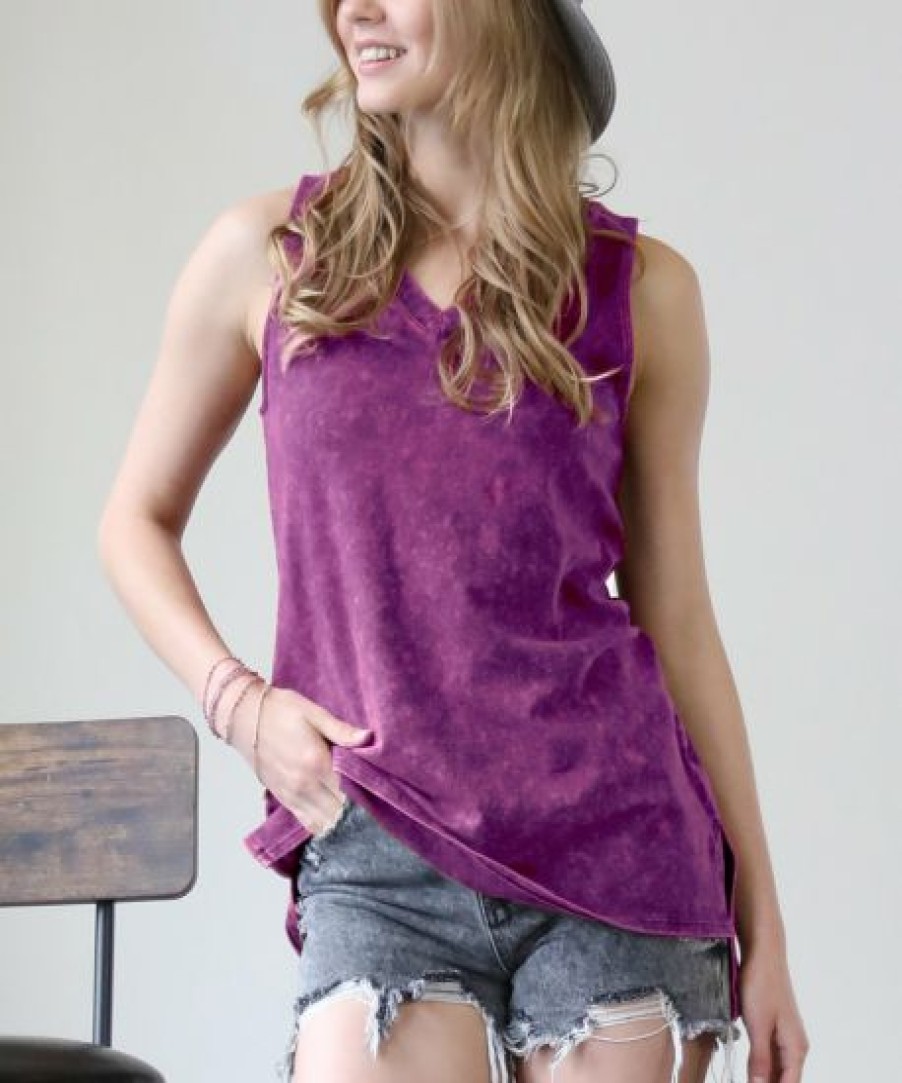 Women * | Outlet 42Pops Dark Plum Mineral-Wash Side-Slit V-Neck Tank Women