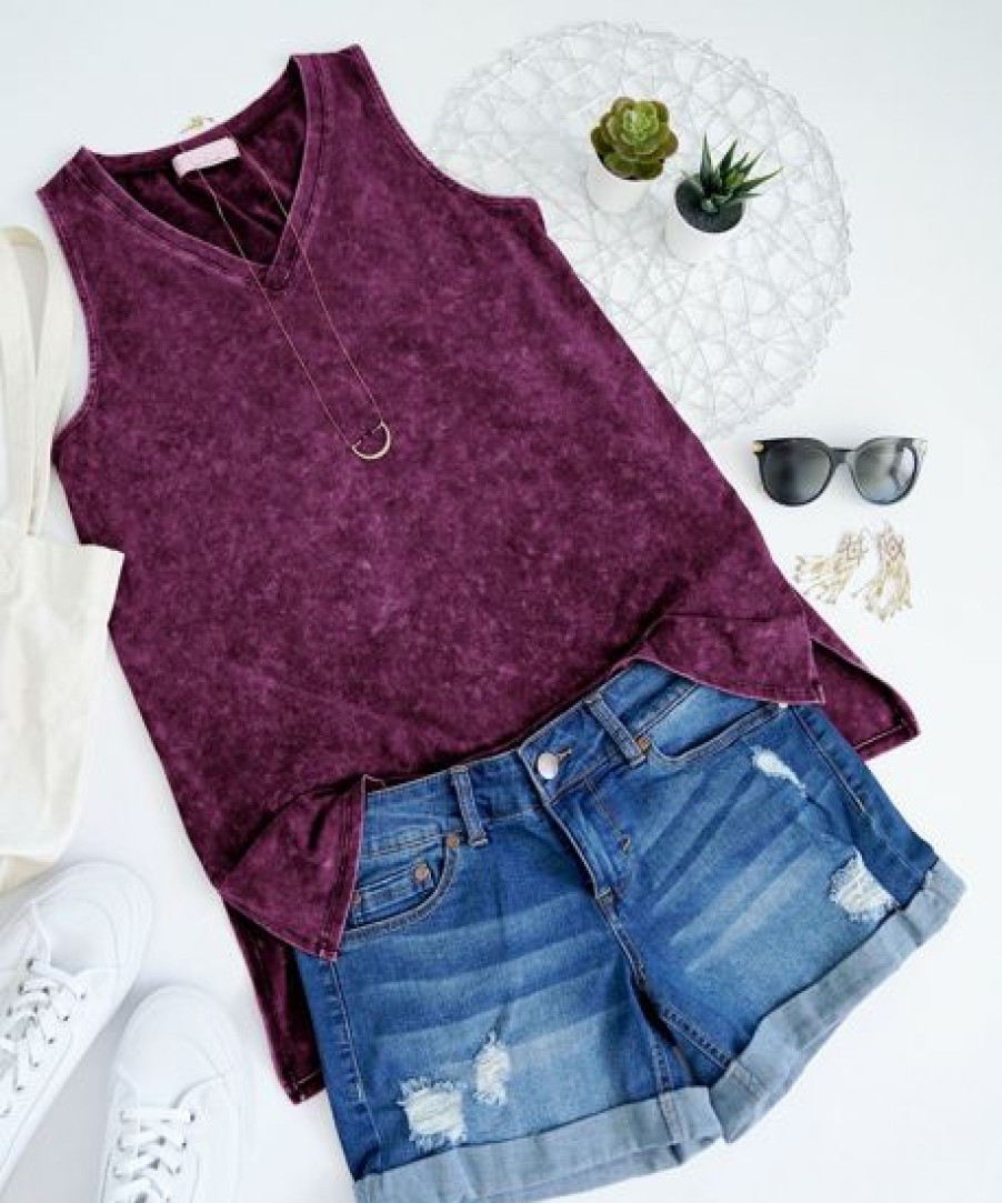 Women * | Outlet 42Pops Dark Plum Mineral-Wash Side-Slit V-Neck Tank Women