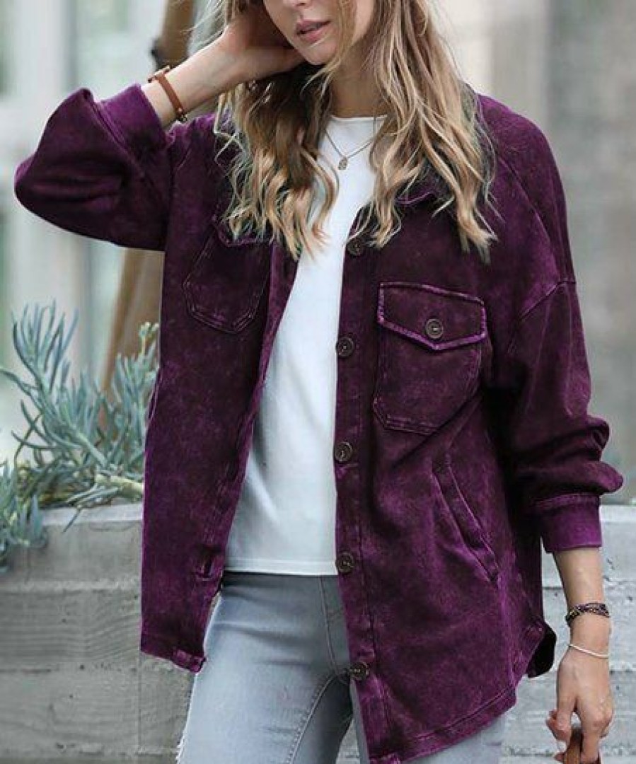 Women * | Budget 42Pops Dark Plum Mineral Wash Pocket Shacket Women