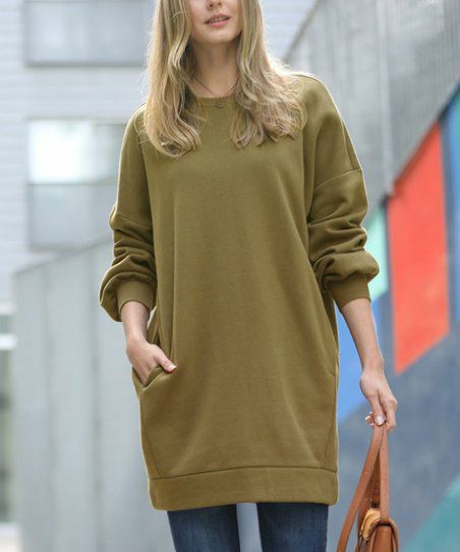 Women * | Top 10 42Pops Dusty Olive Crewneck Long-Sleeve Pocket Oversize Sweatshirt Tunic Women