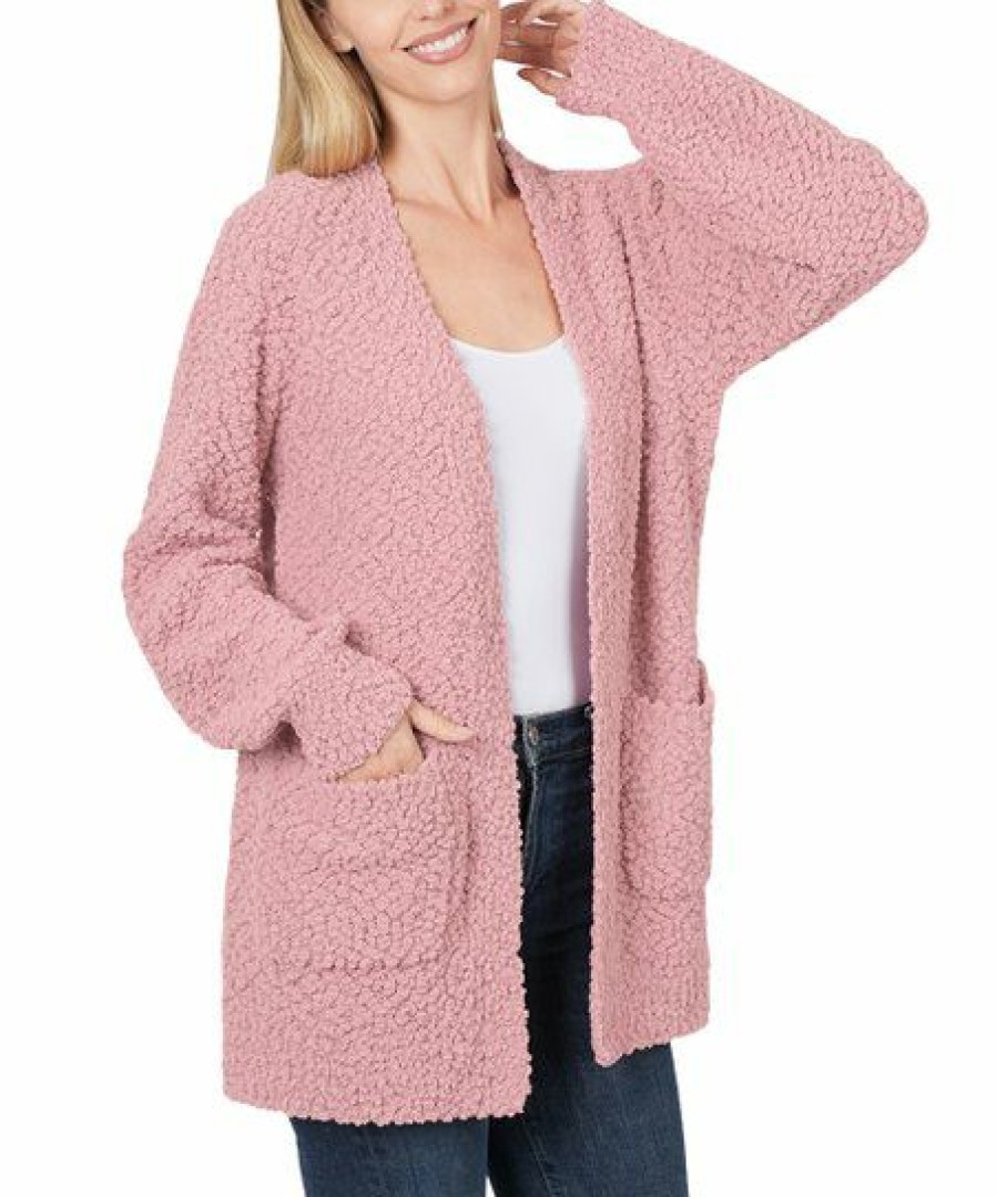 Women * | Cheap 42Pops Light Rose Popcorn Puff-Sleeve Open Pocket Cardigan Women