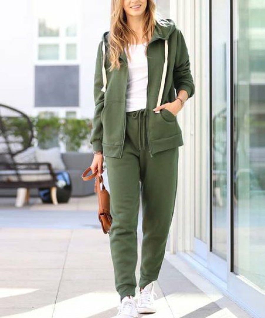 Women * | Best Pirce 42Pops Army Green Zip-Up Hoodie & Joggers Women