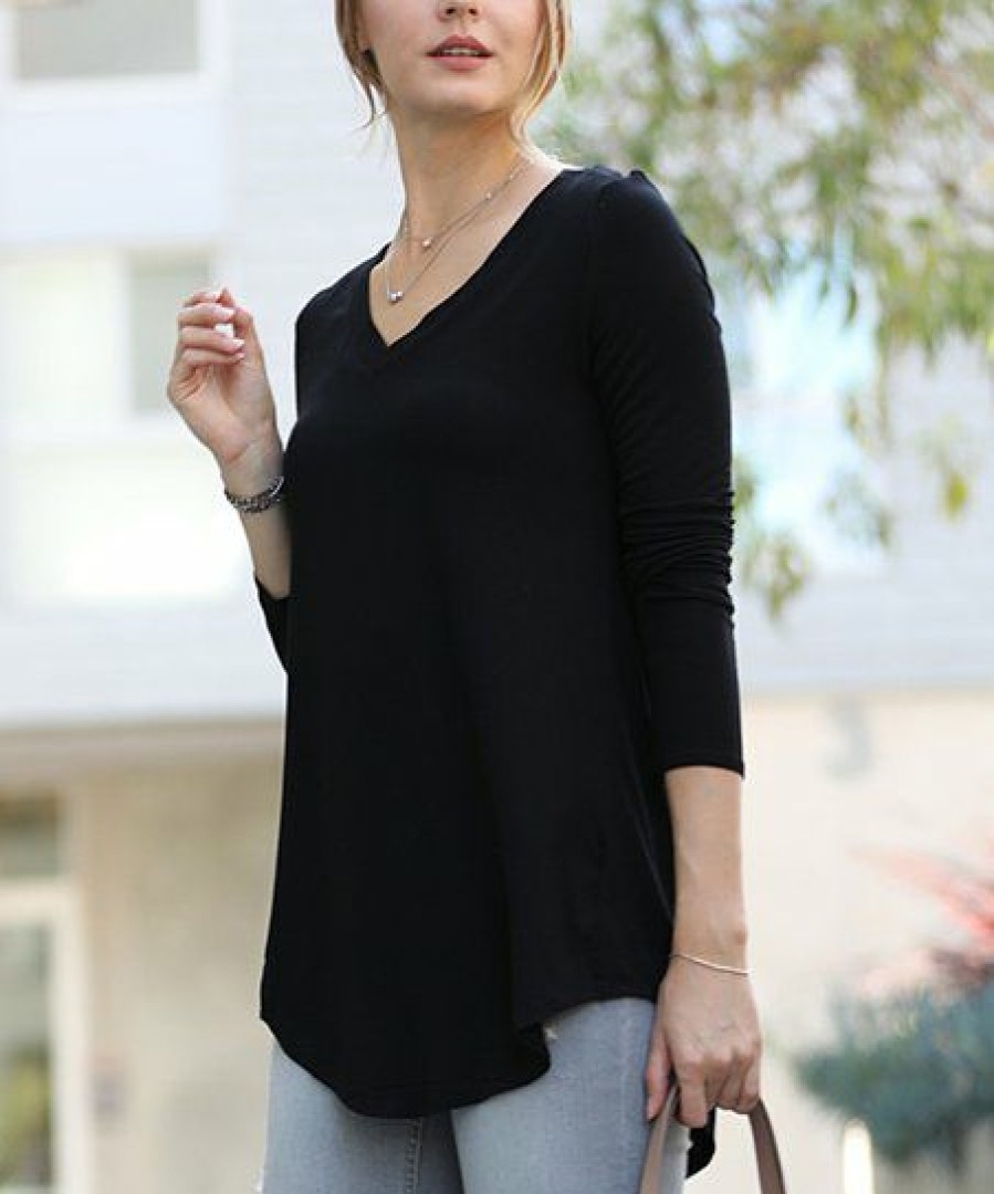 Other * | Hot Sale 42Pops Black V-Neck Long-Sleeve Curved-Hem Top Women