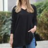 Women * | Discount 42Pops Black Waffle V-Neck Long-Sleeve Side-Slit Tunic Women