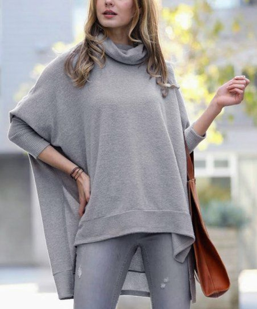 Women * | Flash Sale 42Pops Heather Gray Oversize Cowl Neck Hi-Low Poncho Sweater Women