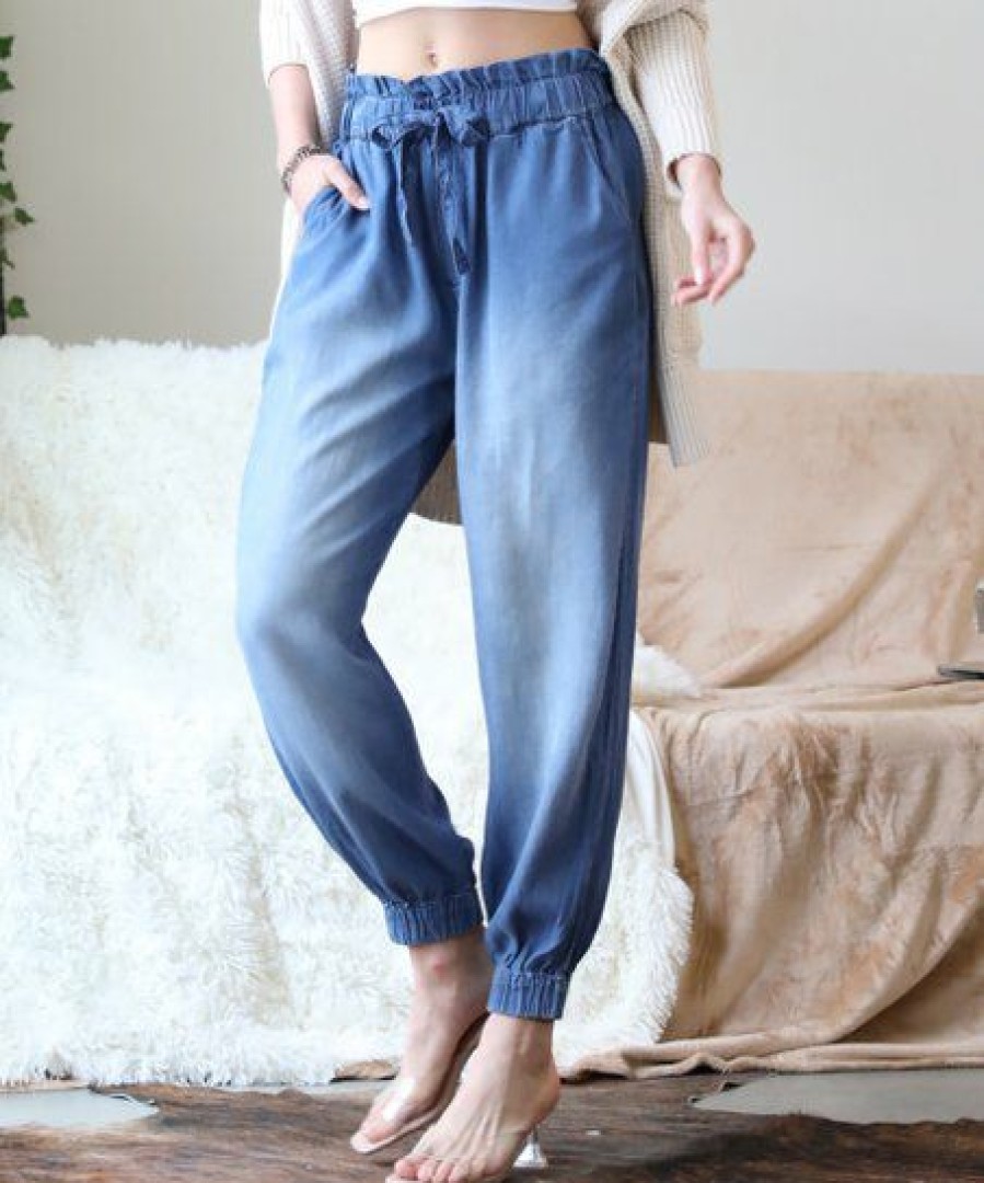 Women * | Wholesale 42Pops Medium Blue Chambray Tie-Waist Pocket Paper-Bag Joggers Women