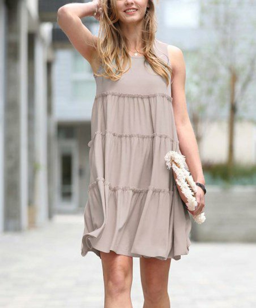 Women * | Wholesale 42Pops Ash Mocha Tiered Ruffle-Trim Scoop Neck Sleeveless Dress Women