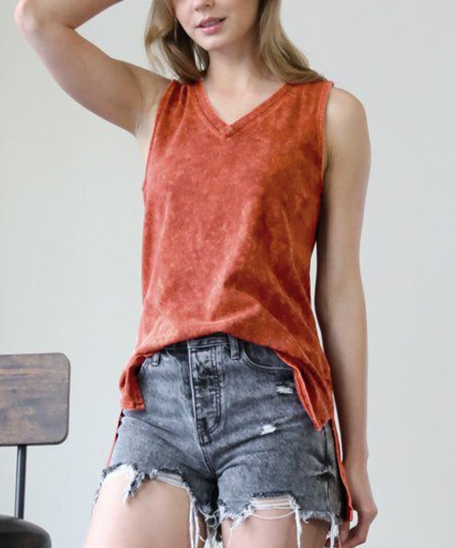 Other * | Deals 42Pops Neon Brick Mineral-Wash V-Neck Side-Slit Tank Women