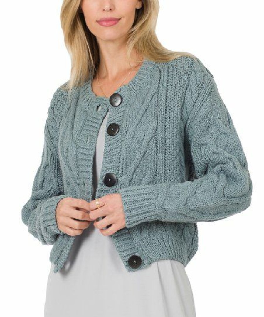 Women * | Budget 42Pops Blue Gray Knit Button Cardigan Women