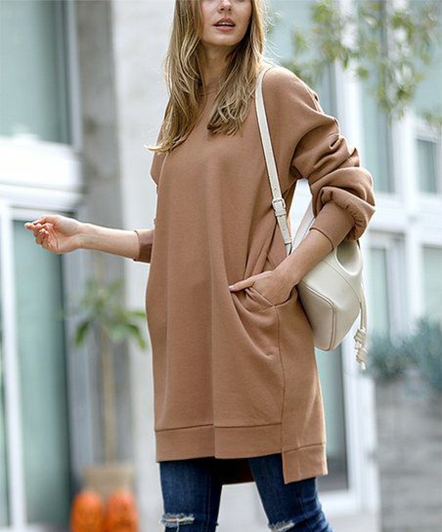 Women * | Cheap 42Pops Mocha Relaxed-Fit Crewneck Longline Pocket Sweatshirt Women