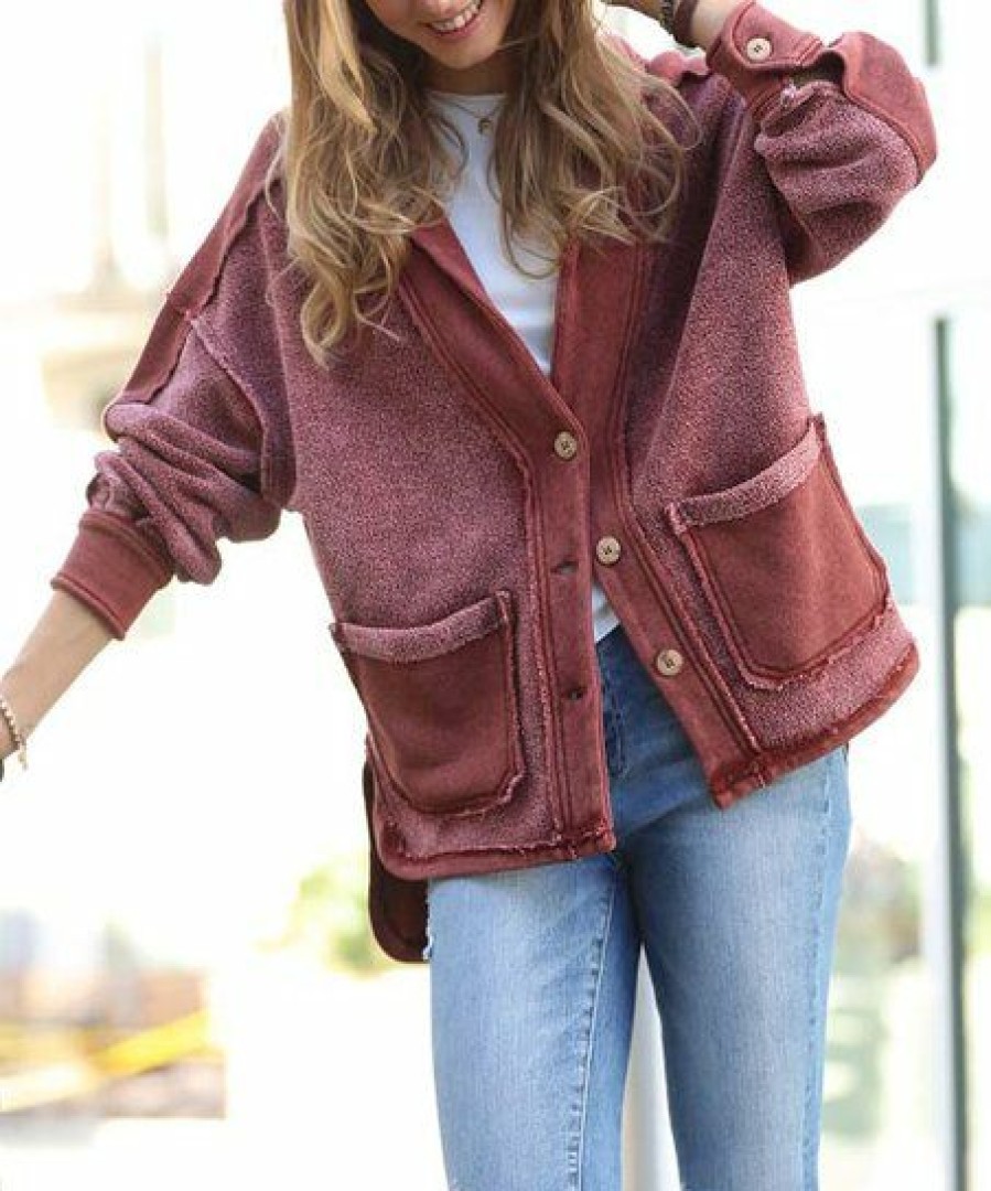 Women * | Cheap 42Pops Dark Rust Mineral Wash Distressed Pocket Button-Up Jacket Women