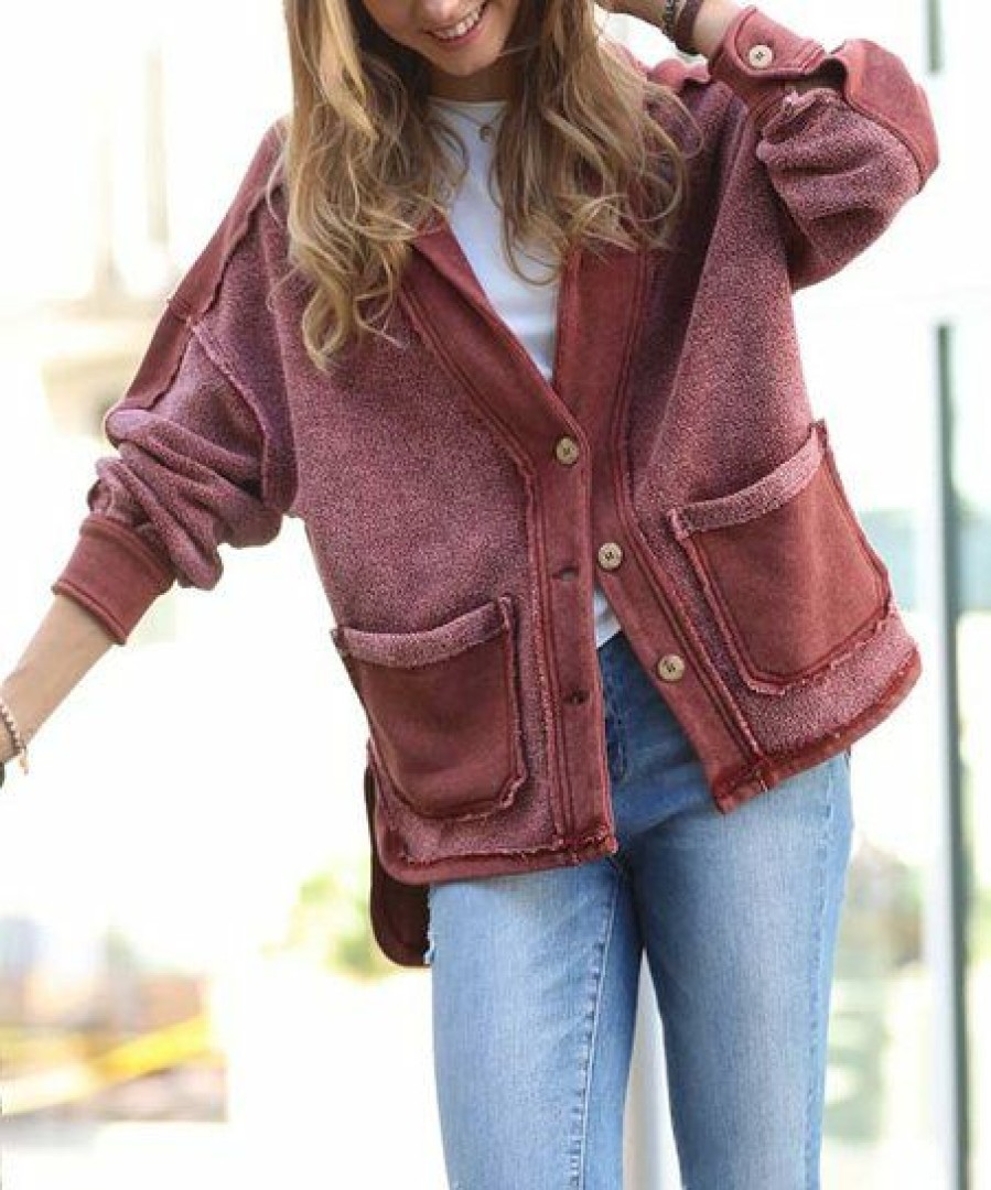 Women * | Best Sale 42Pops Dark Rust Terry Button-Front Pocket Heavy Jacket Women