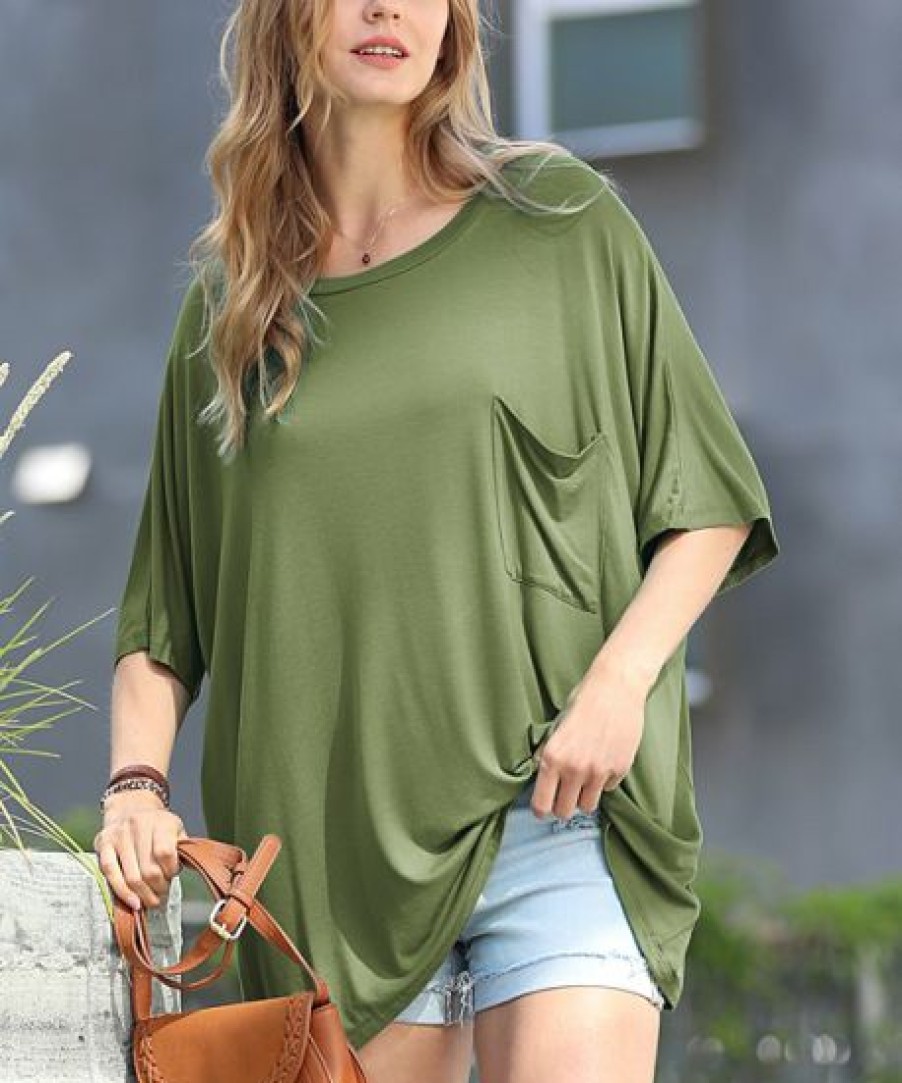 Women * | Coupon 42Pops Ash Olive Scoop Neck Pocket Oversize Boyfriend Tee Women