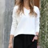 Women * | Hot Sale 42Pops Ivory Front-Seam Drop-Shoulder V-Neck Hi-Low Sweater Women