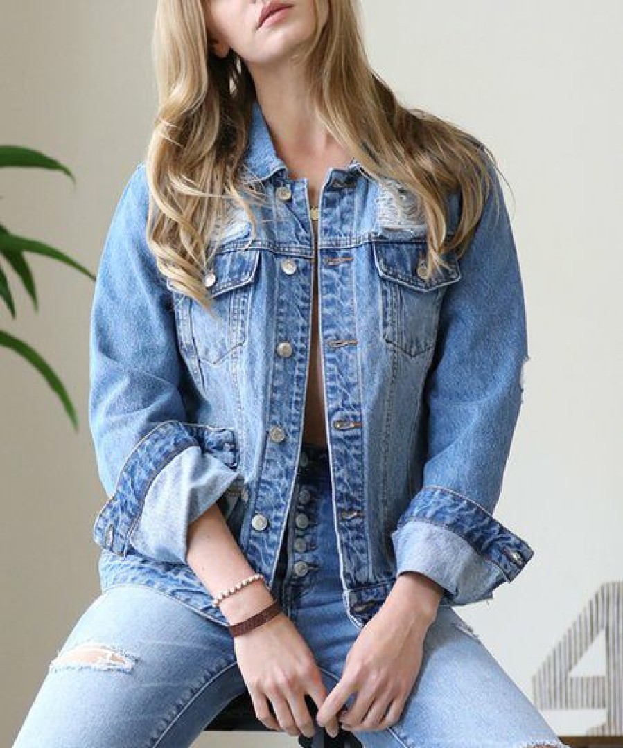 Women * | Top 10 42Pops Medium Distressed Long-Sleeve Pocket Denim Jacket Women