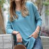 Women * | Best Sale 42Pops Dusty Teal Waffle Crewneck Long-Sleeve Hi-Low Sweater Women