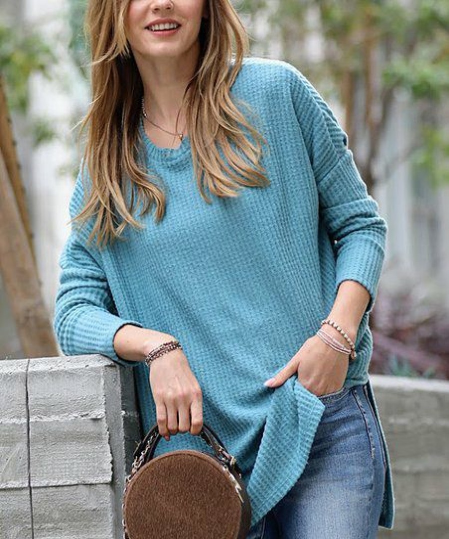 Women * | Best Sale 42Pops Dusty Teal Waffle Crewneck Long-Sleeve Hi-Low Sweater Women