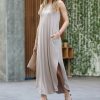 Women * | Brand New 42Pops Ash Mocha Crewneck Sleeveless Slit Curved-Hem Pocket Maxi Dress Women