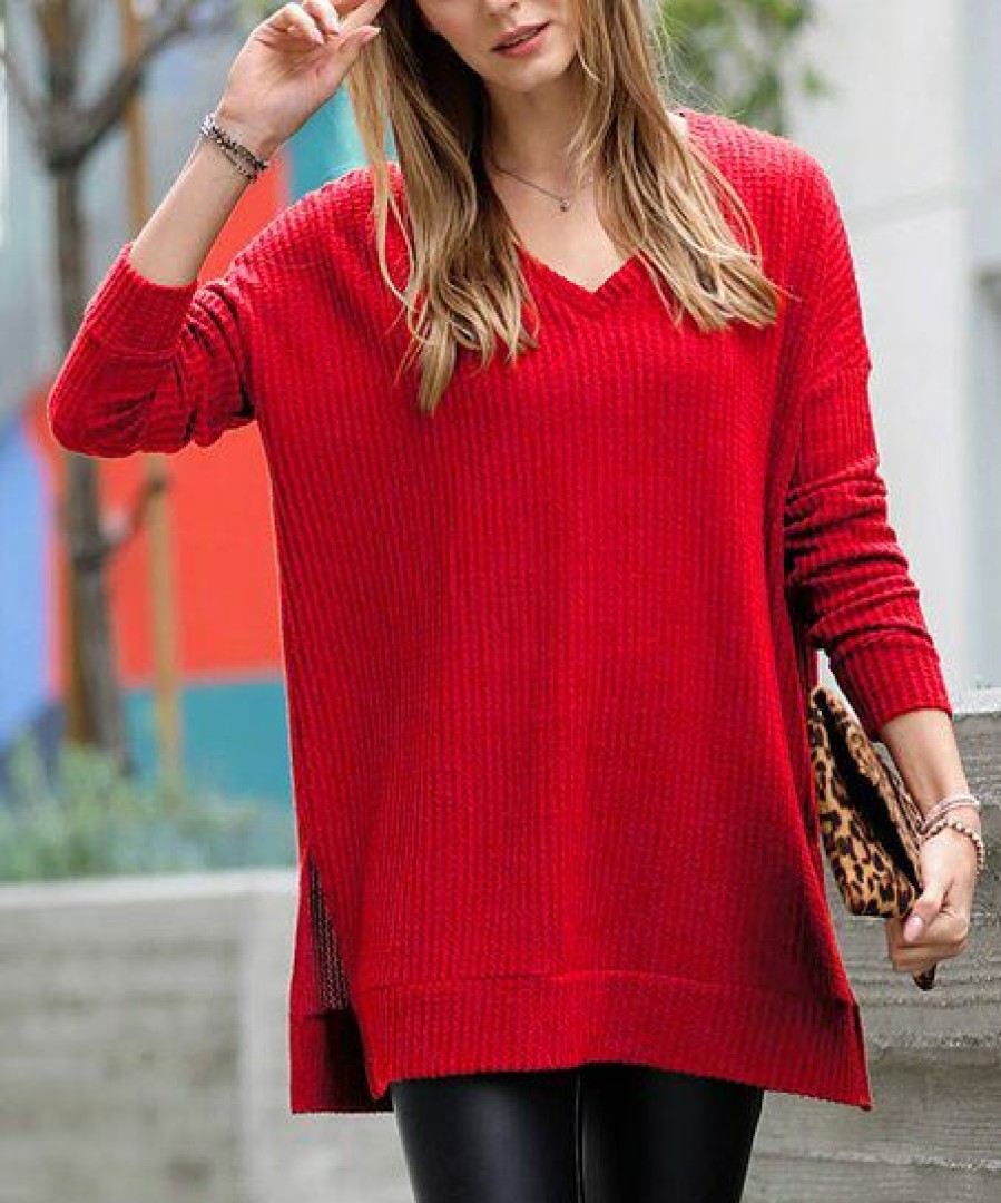 Women * | Coupon 42Pops Ruby Waffle Slit-Hem V-Neck Long-Sleeve Sweater Women