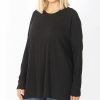 Women * | Budget 42Pops Black Brushed Waffle-Knit Crewneck Hi-Low Thermal Sweater Plus