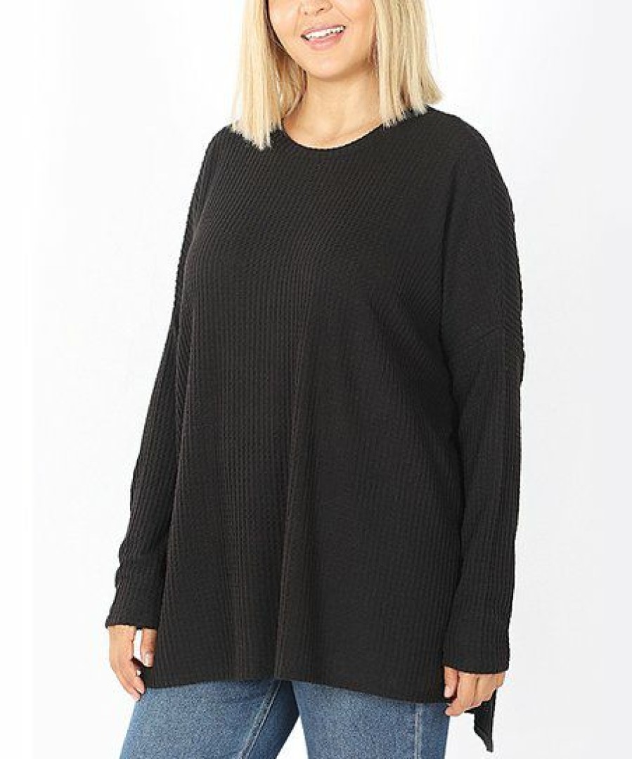 Women * | Budget 42Pops Black Brushed Waffle-Knit Crewneck Hi-Low Thermal Sweater Plus