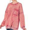 Women * | Best Deal 42Pops Burgundy Acid Wash French Terry Pocket Crewneck Sweatshirt Women