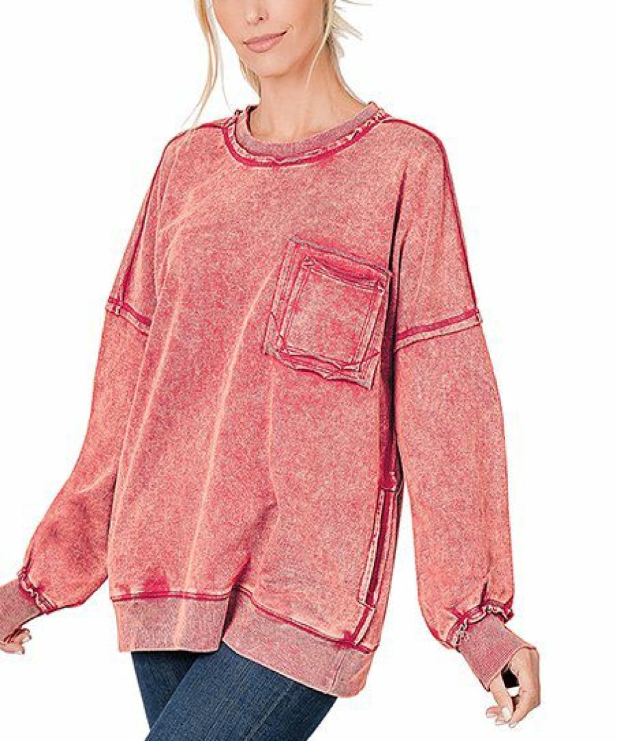 Women * | Best Deal 42Pops Burgundy Acid Wash French Terry Pocket Crewneck Sweatshirt Women