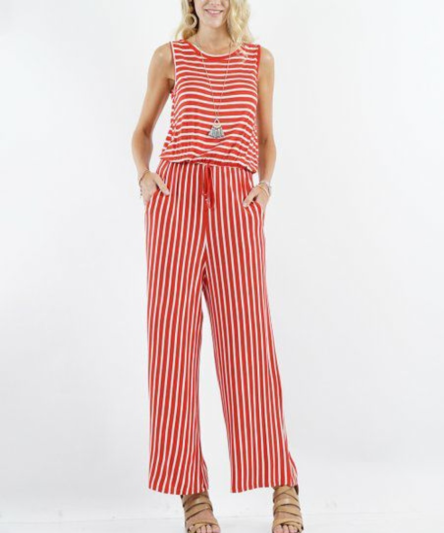 Women * | Flash Sale 42Pops Rust & Ivory Stripe Sleeveless Pocket Jumpsuit Women