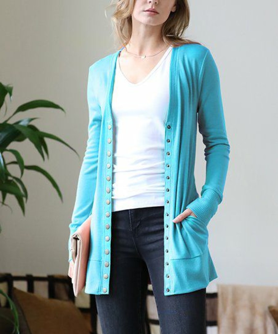 Women * | Promo 42Pops Ice Blue Rib-Hem Snap-Front Cardigan Women