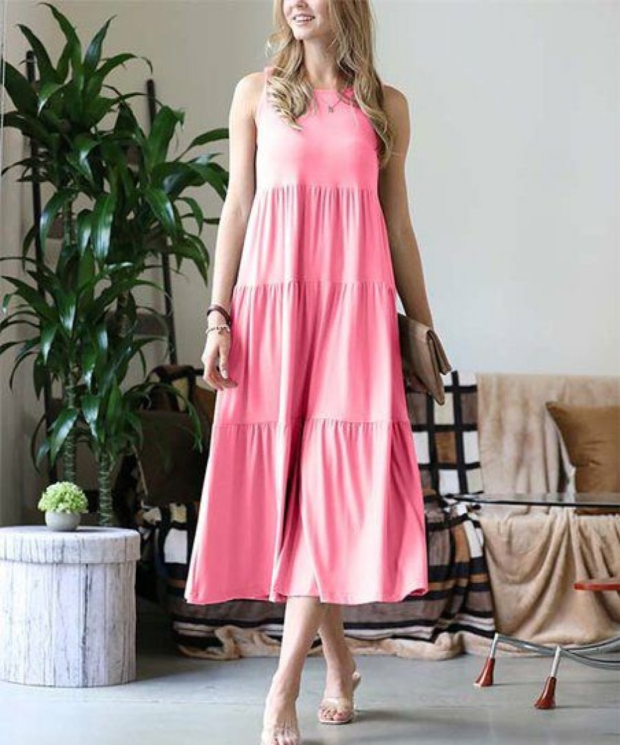 Women * | Wholesale 42Pops Bright Pink Sleeveless Tiered Midi Dress Women