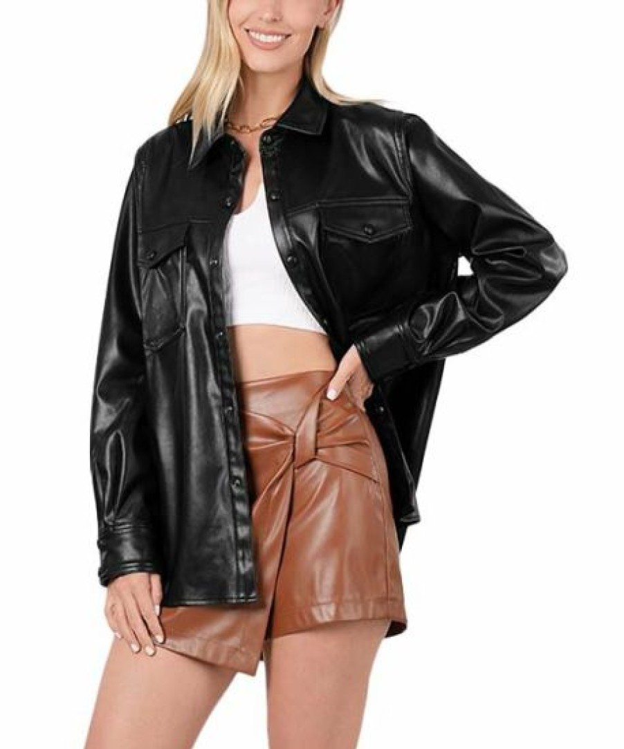 Women * | Cheapest 42Pops Black Faux Leather Pocket Shacket Women