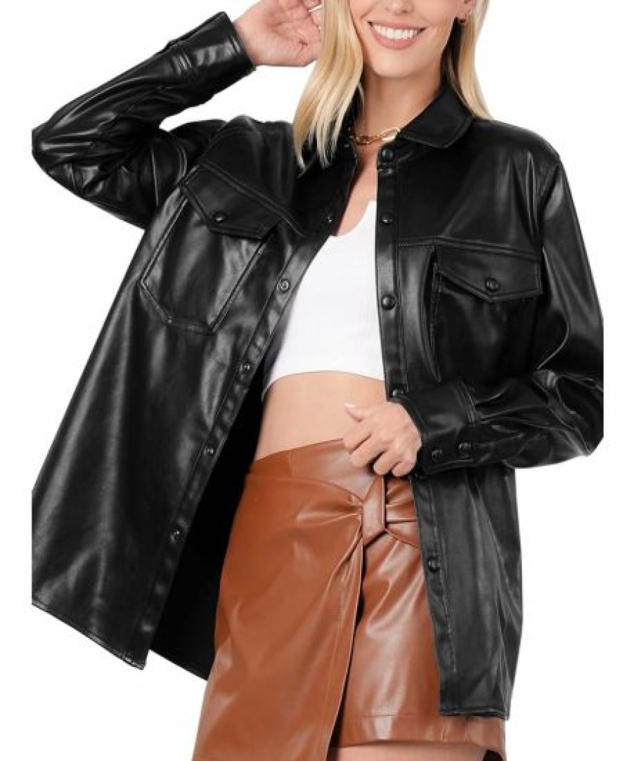 Women * | Cheapest 42Pops Black Faux Leather Pocket Shacket Women