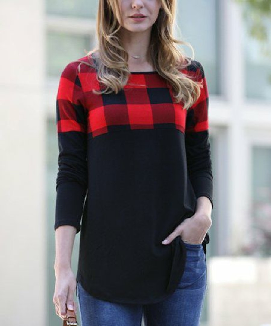 Women * | Coupon 42Pops Black & Red Buffalo Check Color-Block Long-Sleeve Top Women