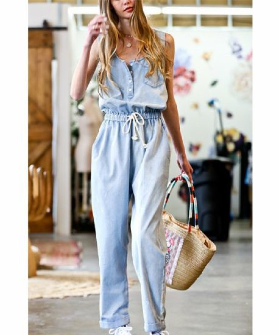 Women * | Cheapest 42Pops Light Denim Scoop Neck Sleeveless Tie-Waist Pocket Jumpsuit Women