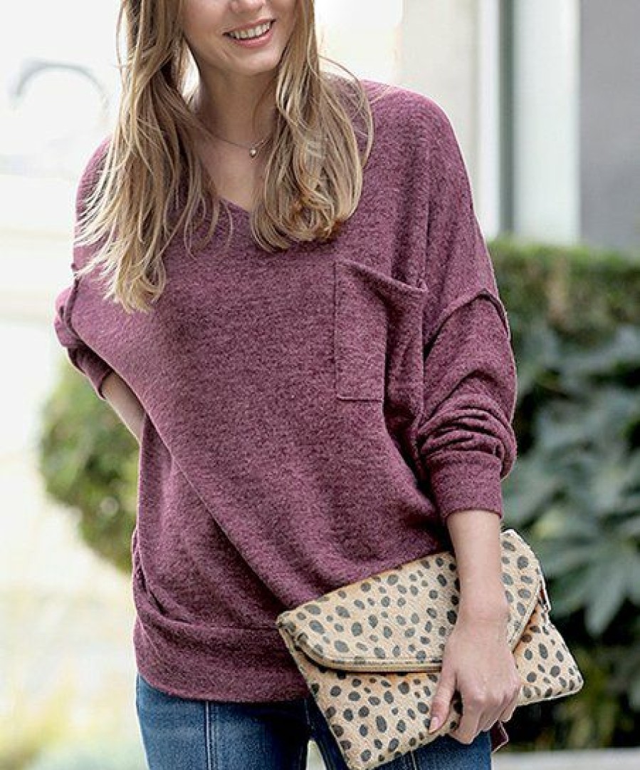 Women * | Cheap 42Pops Eggplant Oversize V-Neck Hi-Low Pocket Sweater Women