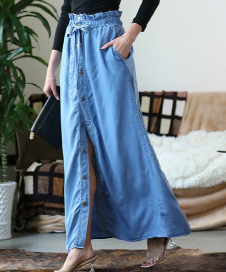 Women * | New 42Pops Medium Chambray Paper Bag Button-Up Maxi Skirt Women