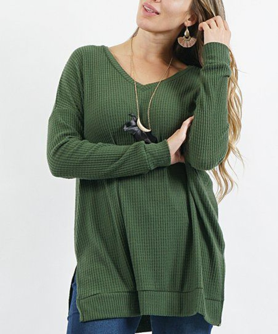 Women * | Best Pirce 42Pops Army Green Thermal Waffle-Knit V-Neck Tunic Women