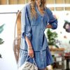 Women * | Best Sale 42Pops Sky Blue Roll-Tab Drop-Waist Pocket Button-Up Denim Dress Women