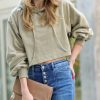 Women * | Deals 42Pops Khaki French Terry Drop-Shoulder Puff-Sleeve Crop Hoodie Women