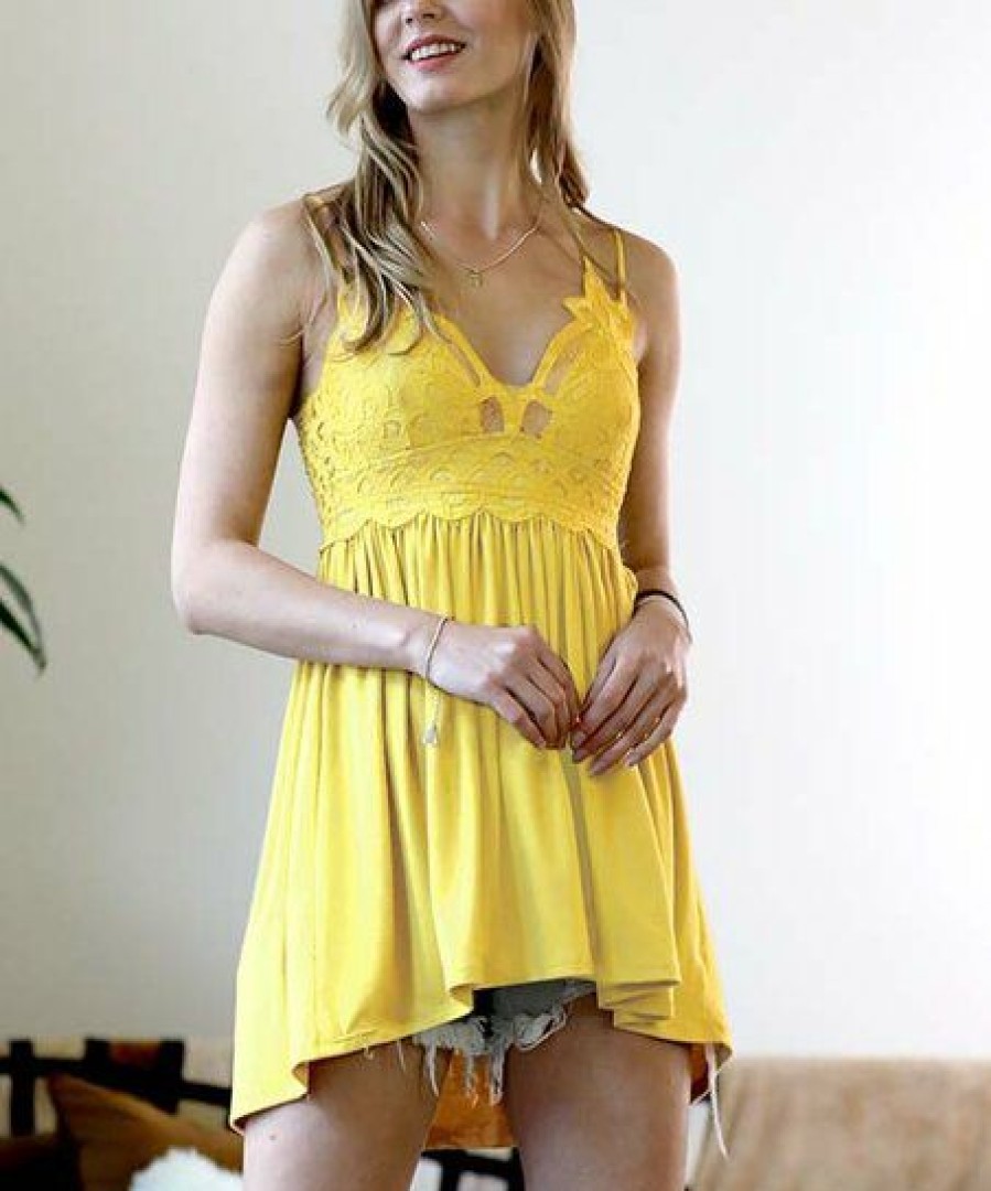 Women * | Best Pirce 42Pops Yellow Crochet-Lace V-Neck Double-Strap Hi-Low Camisole Women