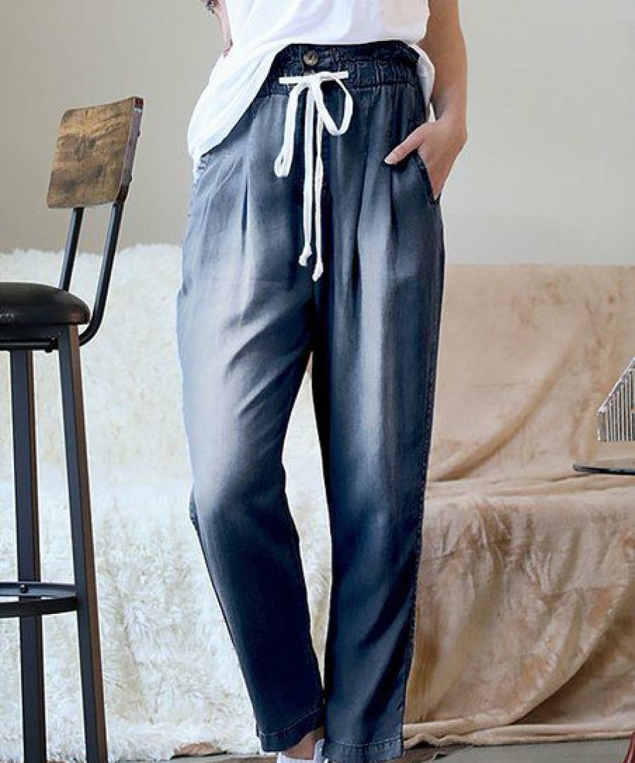 Women * | Best Sale 42Pops Midnight Chambray Drawstring-Waist Pocket Paper Bag Pants Women