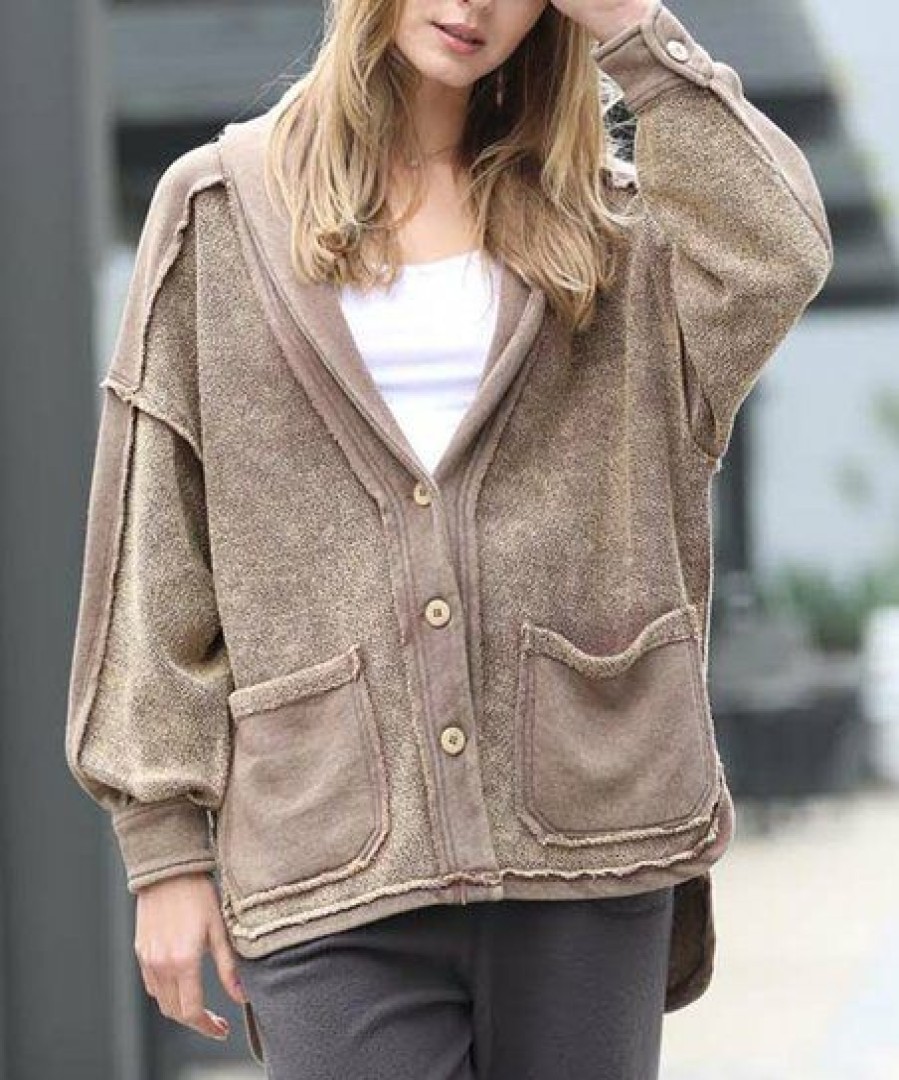 Women * | Discount 42Pops Mocha Mineral Wash Distressed Pocket Button-Up Jacket Women