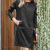 Women * | Outlet 42Pops Black Corduroy Boatneck Long-Sleeve Pocket Shift Dress Women