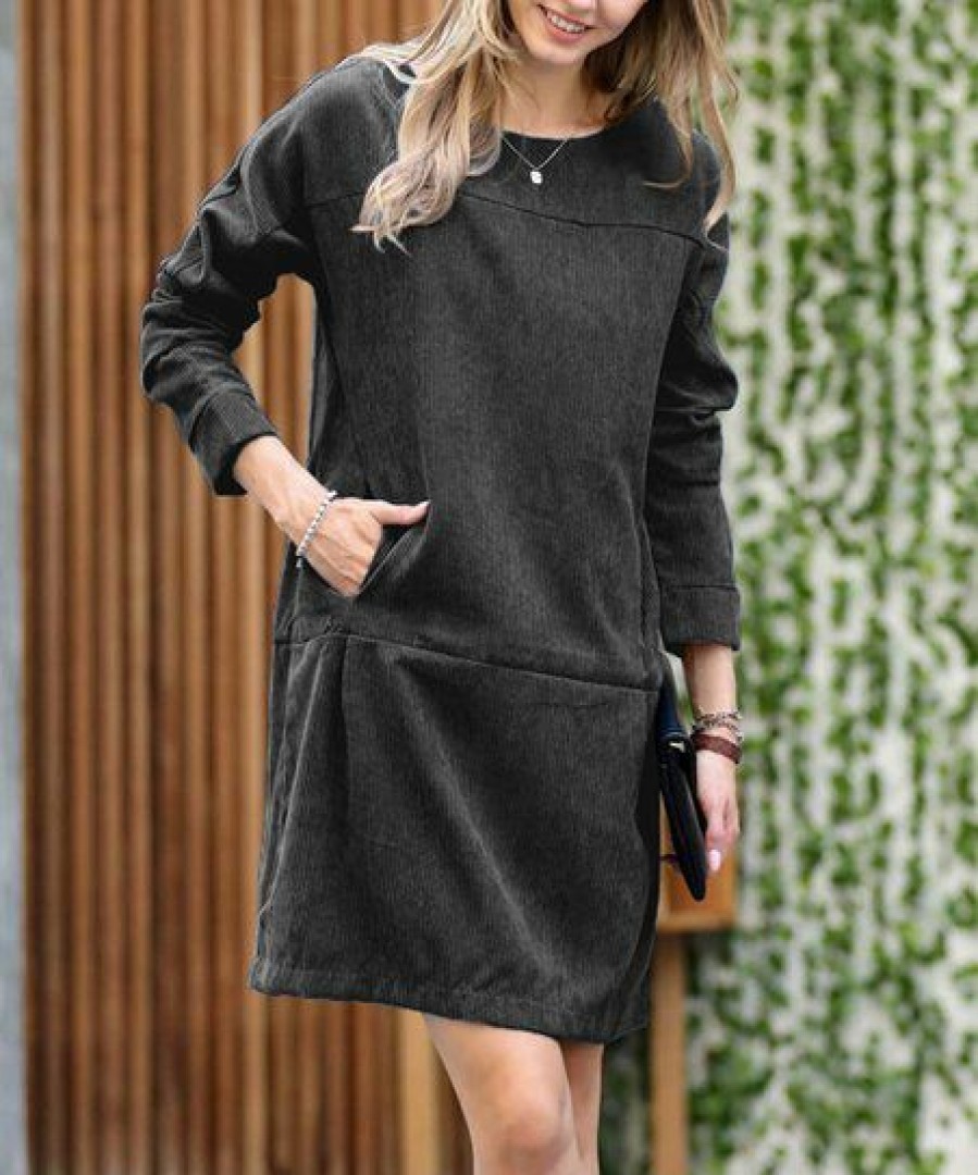 Women * | Outlet 42Pops Black Corduroy Boatneck Long-Sleeve Pocket Shift Dress Women