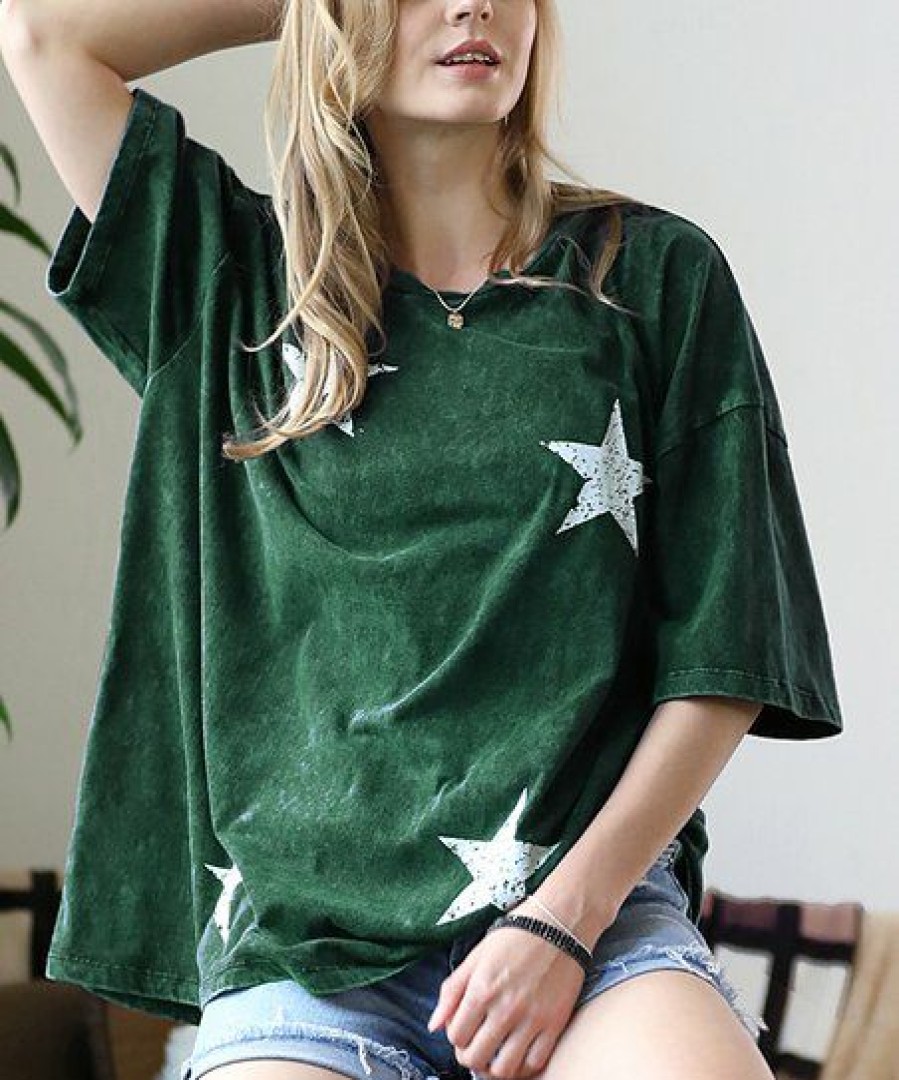 Other * | Best Pirce 42Pops New Army Green Star Print Mineral Wash V-Neck Oversize Boyfriend Tee Women