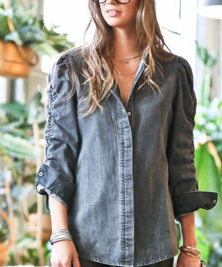 Women * | Wholesale 42Pops Black Shirred-Sleeve Denim Button-Up Women