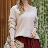 Women * | Wholesale 42Pops Beige Distressed V-Neck Bishop-Sleeve Sweater Women