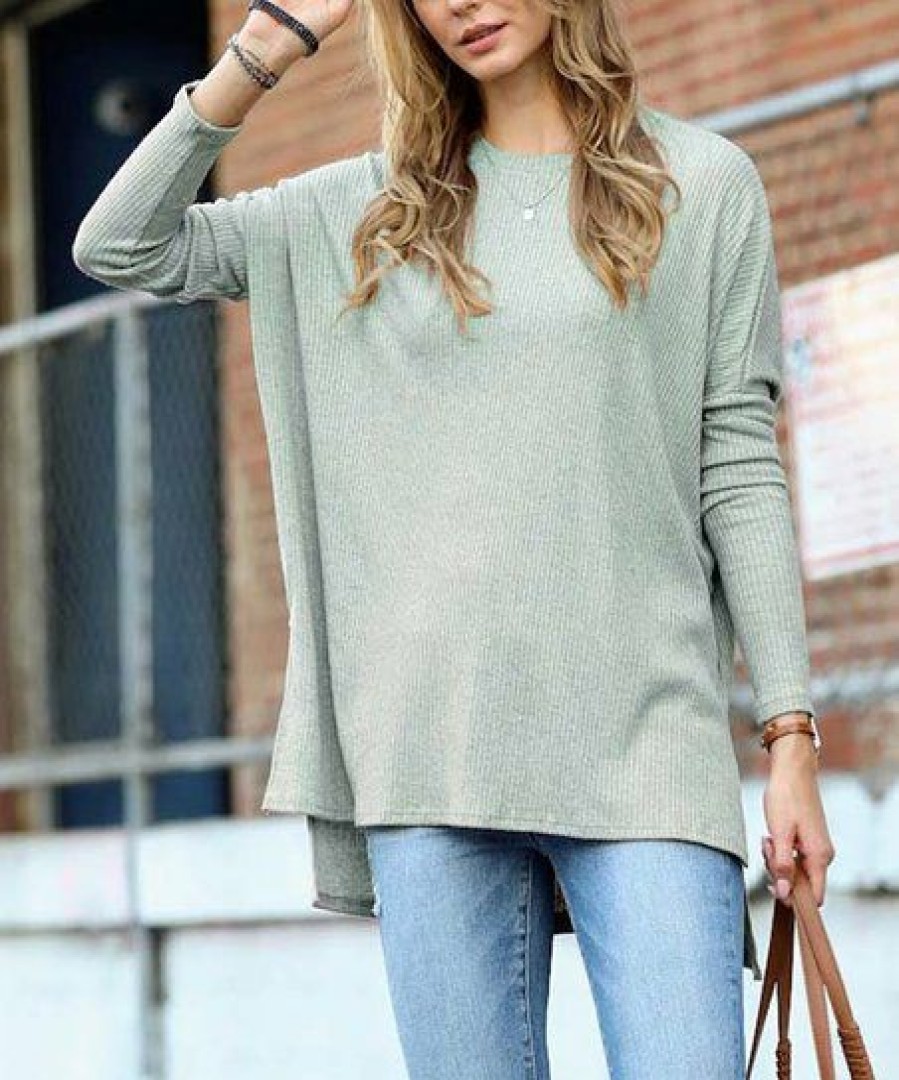 Women * | New 42Pops Dusty Green Ribbed Crewneck Long-Sleve Sweater Women