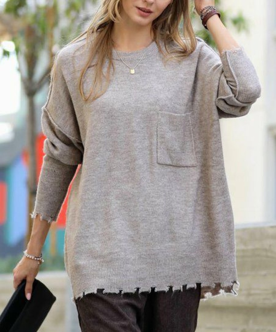 Women * | Cheap 42Pops Heather Cocoa Distressed Drop-Shoulder Crewneck Oversize Sweater Women