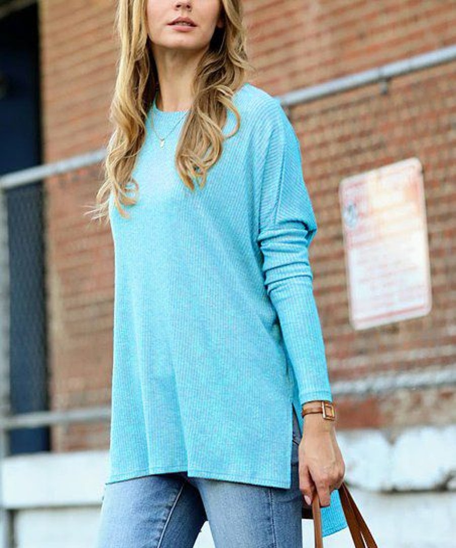 Women * | Flash Sale 42Pops Ice Blue Ribbed Crewneck Long-Sleeve Hi-Low Sweater Women